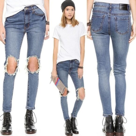 UNIF Peach Pit Skinny Jeans Busted Knees Size 25 Denim Distressed Blue High Rise - Picture 2 of 15